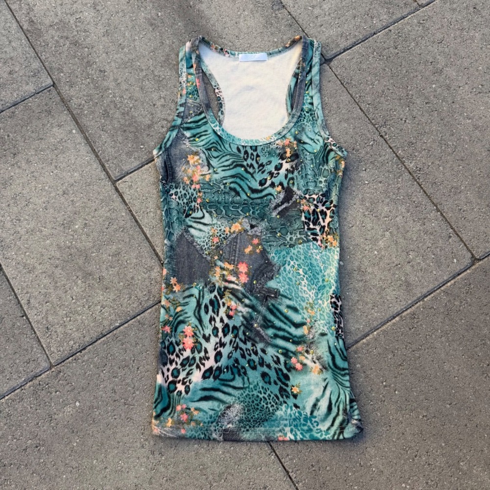Blue Teal Animal Print Rhinestone Ribbed Racerback Tank Top L XL